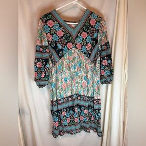 BTFBM Women’s Boho Peasant Midi Dress Sz M Floral Print Bell Sleeves Prairie
